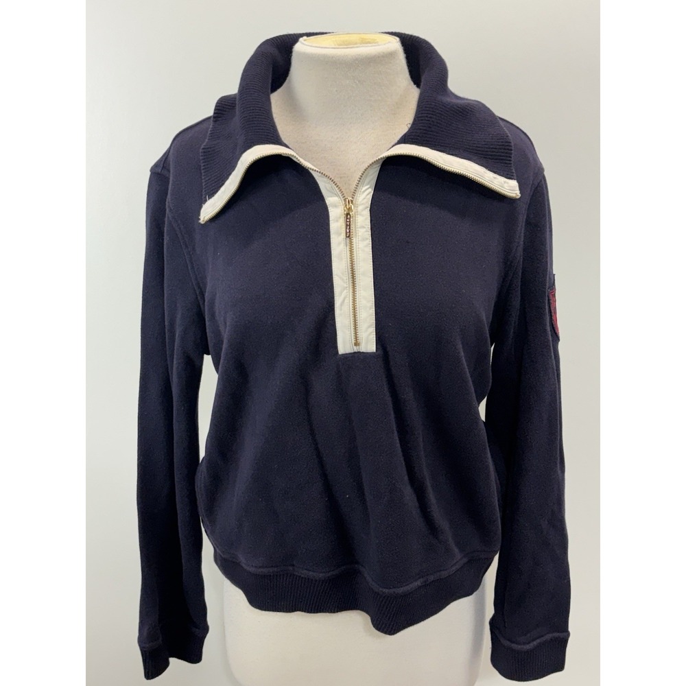 Vtg Ralph Lauren Active 1/4 Zip Sweatshirt Women's L Navy Knit Collar Patch